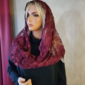 Veiled Woman Burgundy Metallic‎ Accent Infinity Veil Mantilla Catholic Modesty